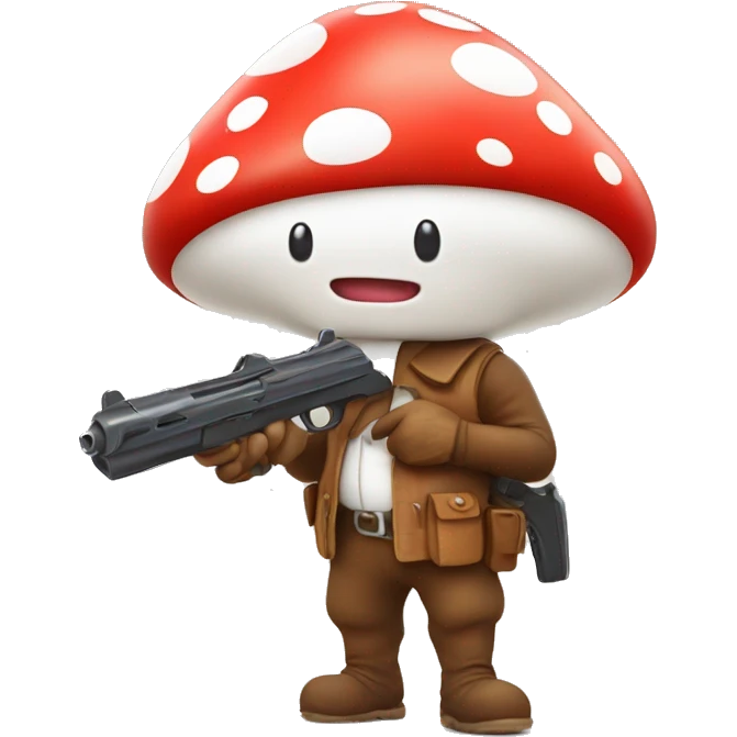 cute mushroom person holding gun and he’s really small and red and white spots with a cute smiley face  emoji