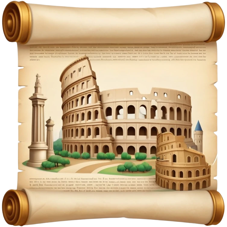 An icon featuring an ancient scroll, surrounded by famous historical landmarks and statues of notable figures, like the Colosseum or Napoleon. The design symbolizes the exploration of history through monuments and people. Transparent background highlights the pas emoji