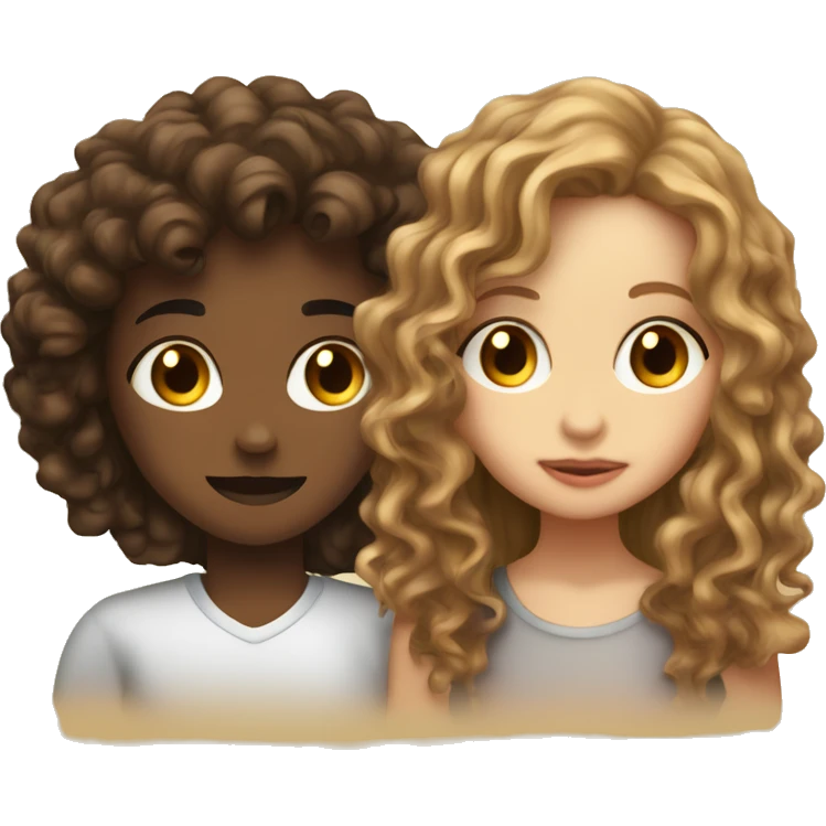 A white gir with long brown wavy hair kissing a light skin gir with curly hair  emoji