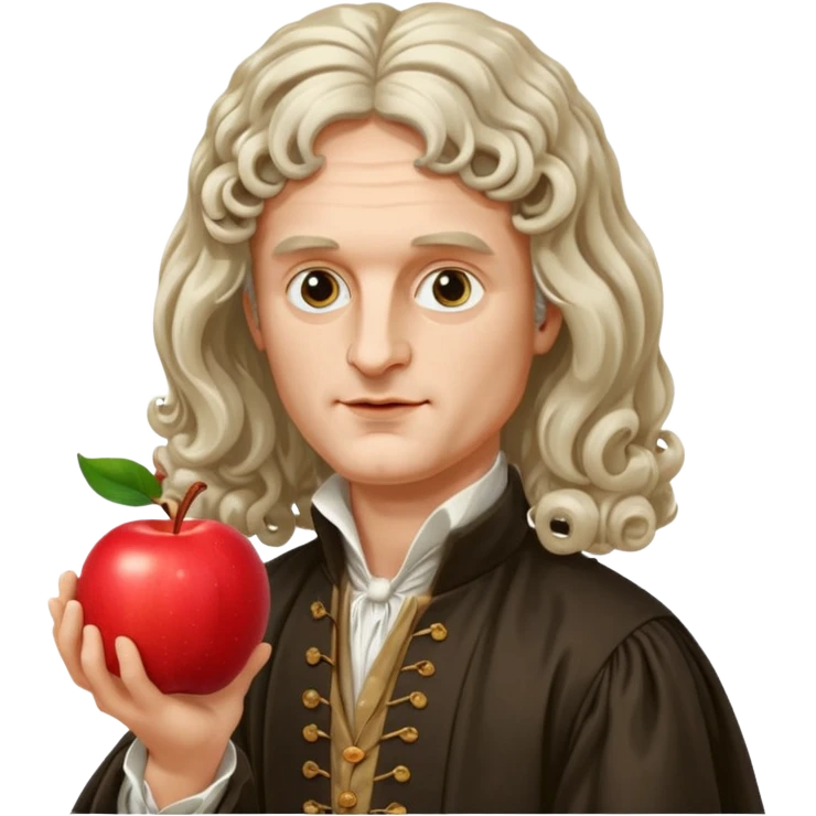 Isaac Newton wearing 17th-century aristocratic attire with long curled periwig, hold an apple emoji