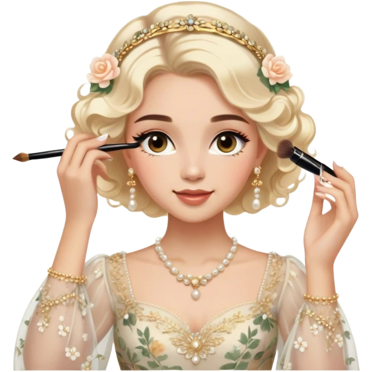  Middle Eastern-inspired moment of a woman getting ready in front of a mirror. She wears a delicate floral dress with sheer, flowy sleeves, accessorized with gold jewelry and traditional pearl-adorned hair clips. Her  as she applies mascara, her reflection revealing a soft smile.  emoji
