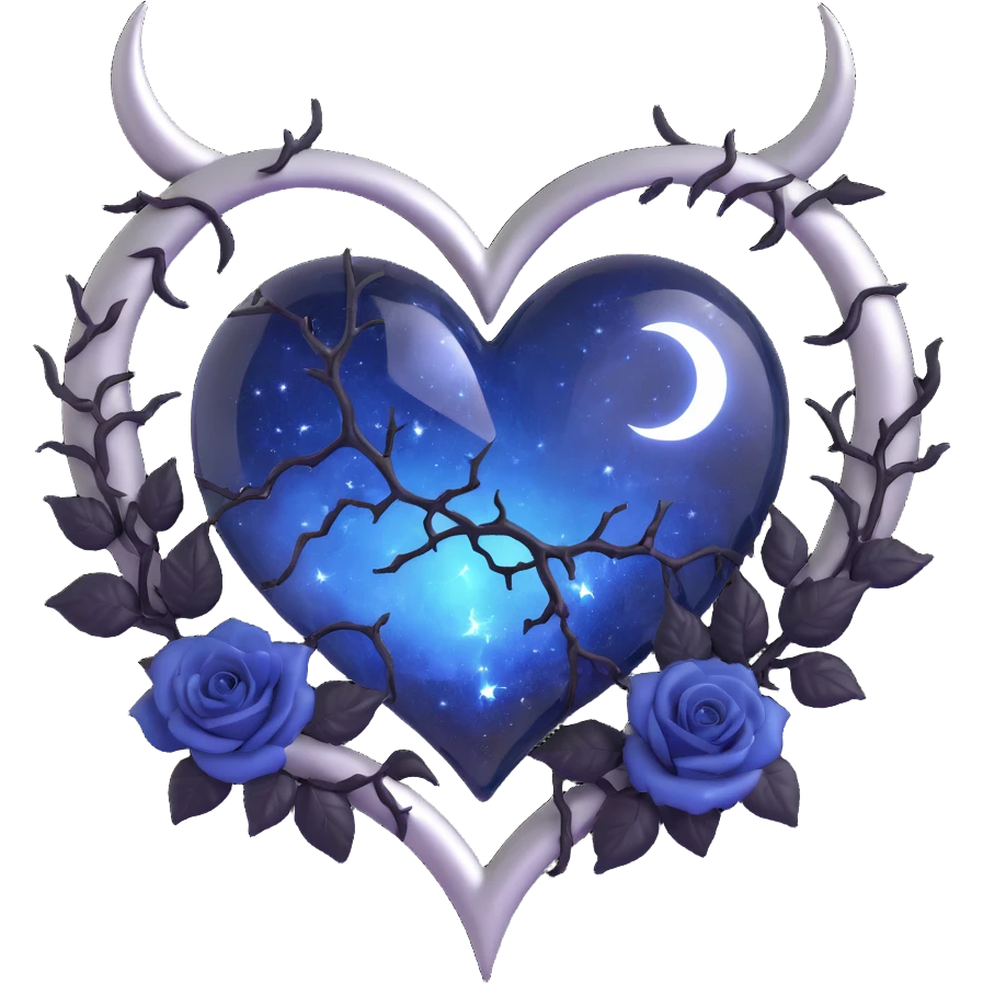 gothic heart, midnight blue glass, silver crescent moon, black roses, stardust, lightning, rain, cracked glass, grunge style emoji