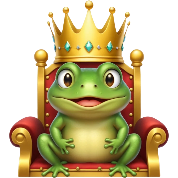 A cry frog wearing a crown, confidently sitting on a golden throne, cry tear from eyes, portrait, bust up emoji