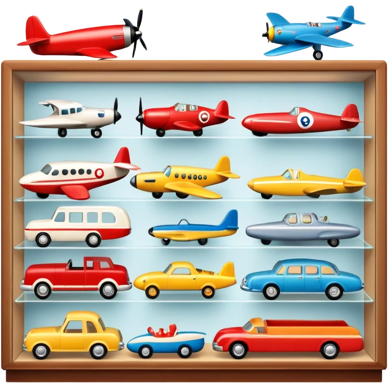 Icon for Toy Collecting: a collection of various vintage toys such as dolls, tumblers, cars, planes, ships, action figures and plush animals, displayed neatly on shelves or in display cases. The icon should evoke the joy and nostalgia of collecting toys. Transparent background. emoji