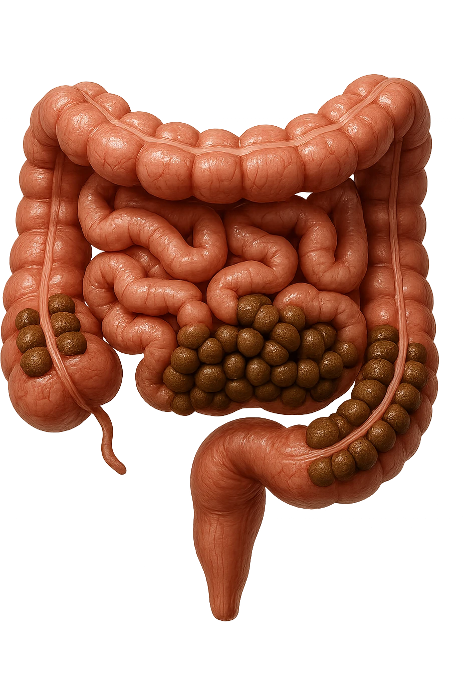 intestino umano anatomico, iperrealistico 4k, con feci a palline emoji