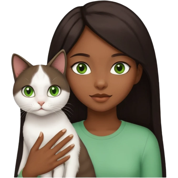 black girl with straight long dark brown hair with a side part holding a female white cat with green eyes emoji