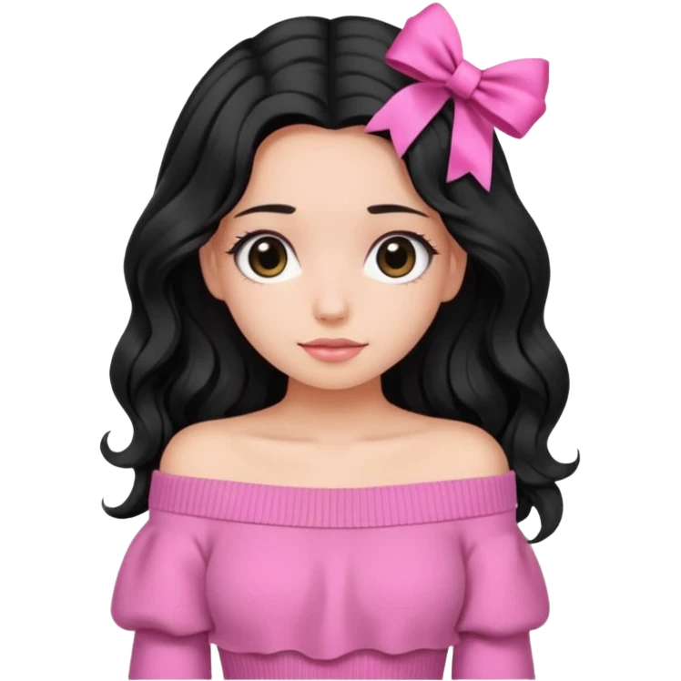 Girl with black wavy little long hair and a ribbon hair clip beside it make it look like wearing a pink off shoulder sweater  emoji