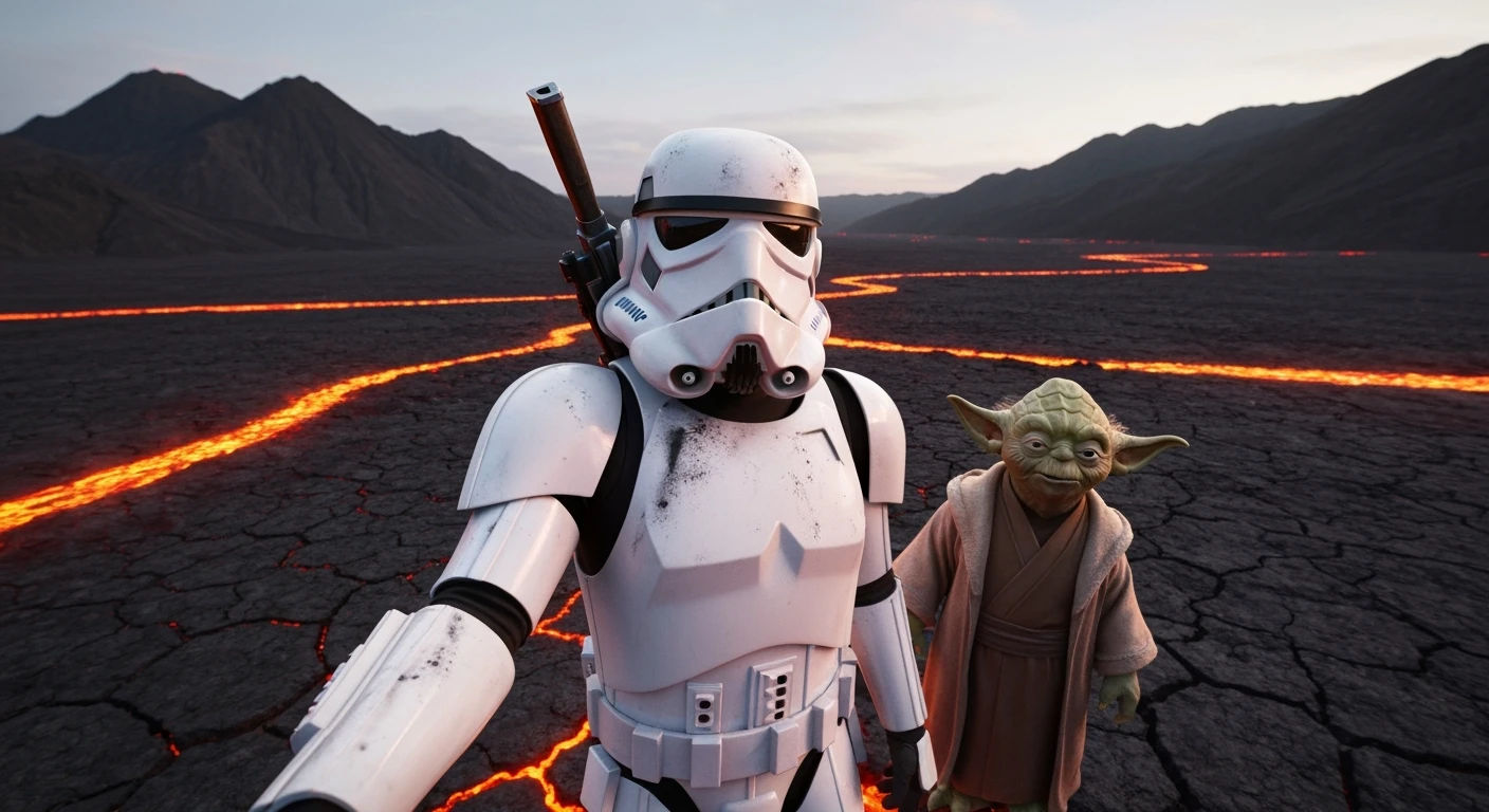 Cinematic still, selfie camera, Starwars stormtroopers vlogging , he is walking on lava planet with yoda emoji