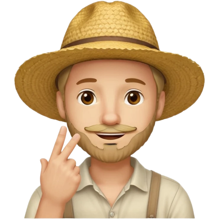 “A single emoji-style character combining 👨‍🌾😄 and 🤔: a smiling farmer man with a straw hat, friendly face, and light beard, holding one hand under his chin in a thinking gesture. His index finger rests under his face, eyes looking slightly upward as if thinking.  emoji
