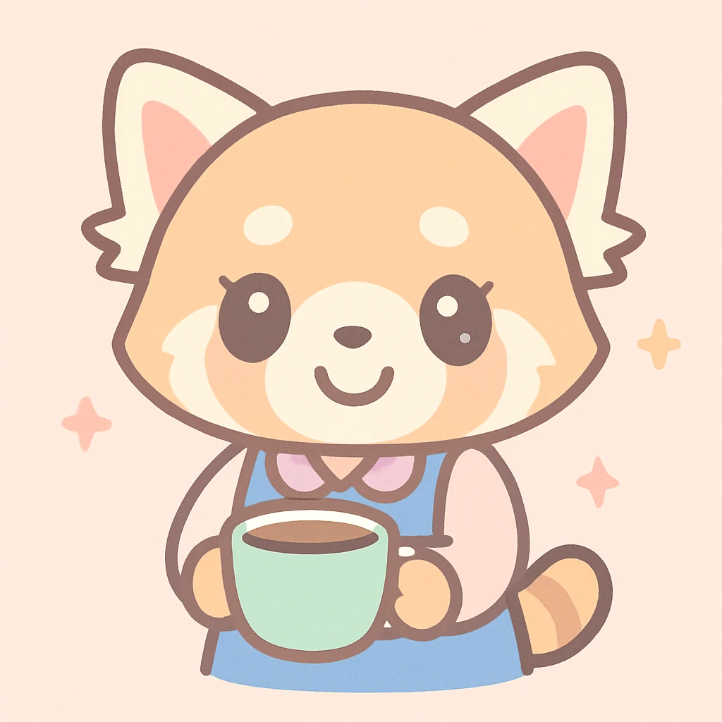 Aggretsuko red panda, kawaii style, holding a cup of coffee emoji