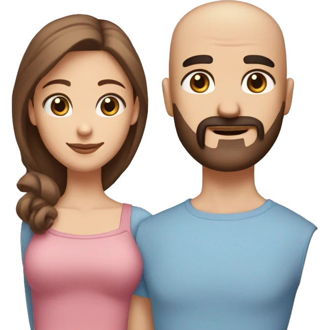 Throuple two girls one guy guy with mustache medium length beard, shaved head, one female, medium length, brown, straight hair, brown eyes, other female, multitone, pink hair, blue eyes all Caucasian emoji