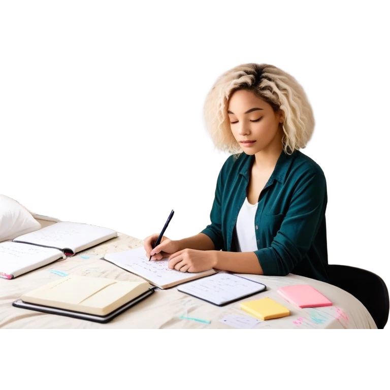 A person stands in a slightly messy room, mid-action—one hand writing a brain dump, the other smoothing out a freshly made bed. Three glowing notes are pinned nearby, marking their top priorities. A planner asks, “How can I make this easier?” Their face shows focus—not stress—activated emoji