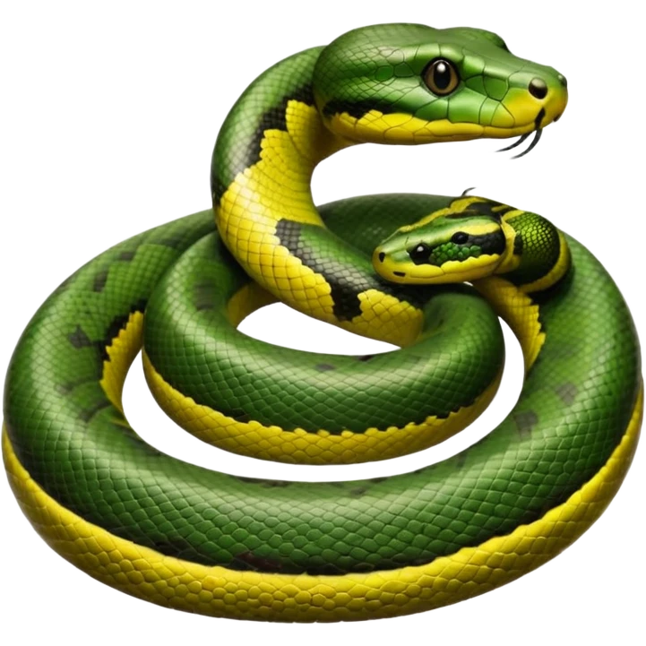 A photo-realistic top-down view of a Green Anaconda tightly coiled in a spiral, with its broad, flat head resting at the center. Its thick, muscular body is olive-green and covered in symmetrical, bold black oval spots that stand out against its smooth scales, creating striking natural camouflage. emoji