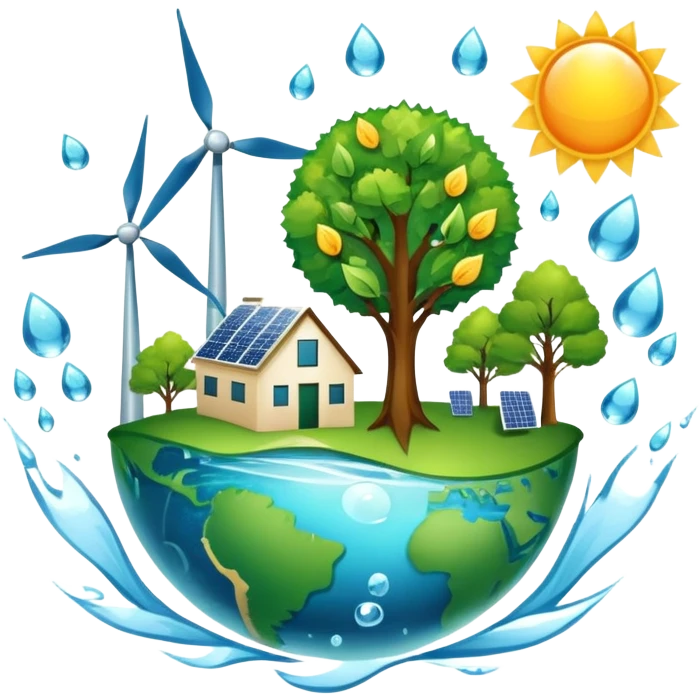 An icon featuring a green Earth, a tree, recycling symbols, and renewable energy sources like wind turbines, solar panels, and hydropower. The design includes animals, water droplets, and the sun, representing ecology, sustainable energy, and environmental protection. Transparent background. emoji