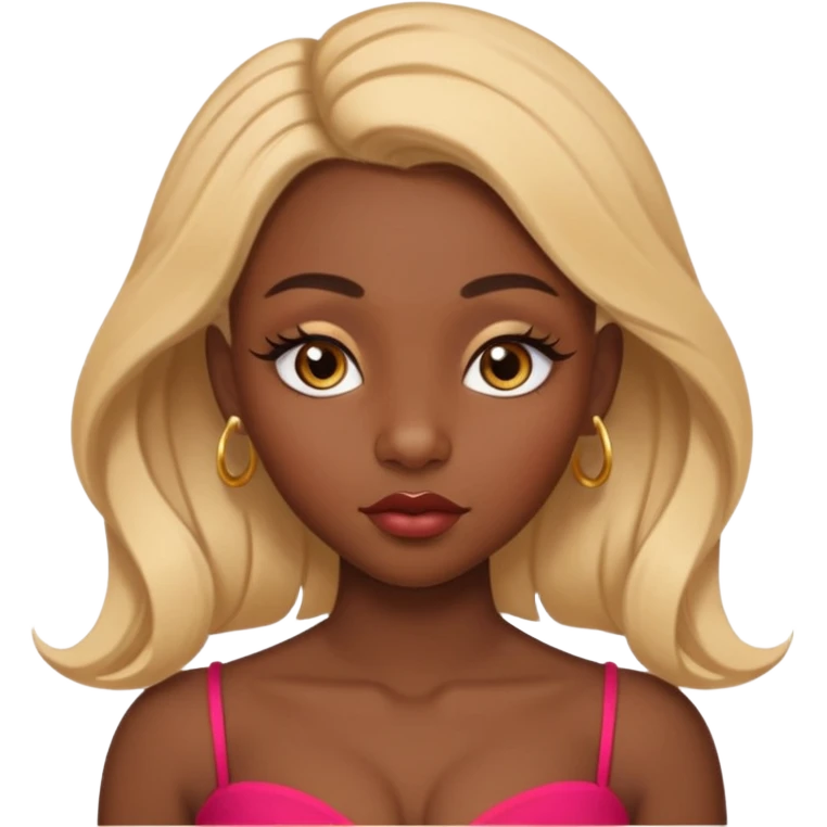 darkskin female with eyebrows that are naturally shaped and frame eyes well, eyes that are almond-shaped with defined lashes. nd lips are full with a defined cupid’s bow, add also a septum piercing that adds an edgy, stylish flair. a middle-part, honey blonde bust-down with laid baby hairs emoji