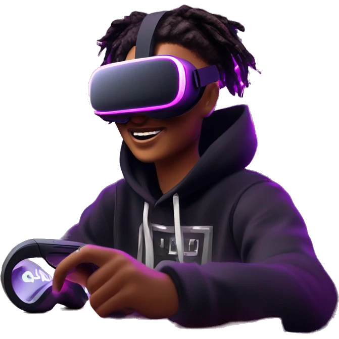 Happy student wearing a black hoodie with "OMG" letters on it and VR headset oculus quest 2 in a cyberpunk VR environment with violet neon lighting. emoji