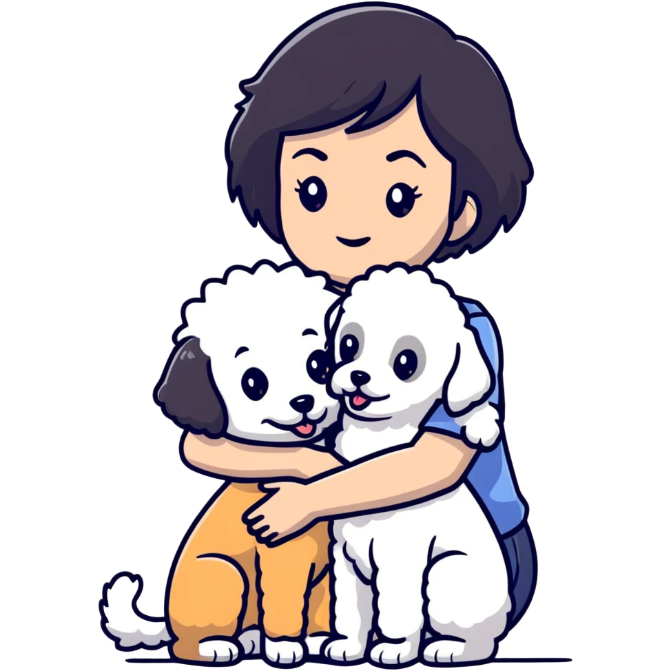 Woman with short black straight hair hugging a brown poodle and a white bichon frise emoji