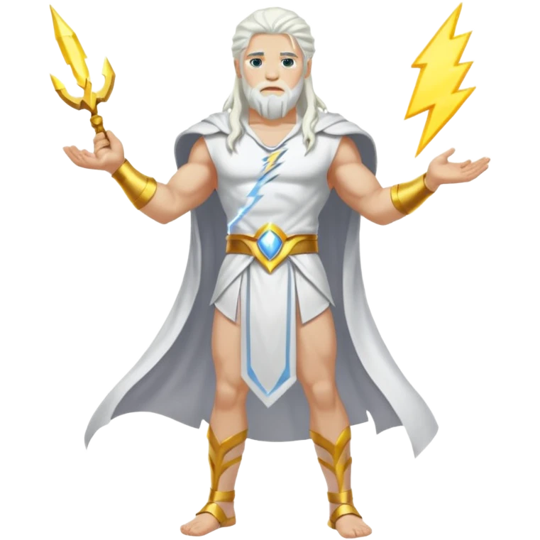 Zeus, whole body, white clothes, long white  hair, lightnings emoji
