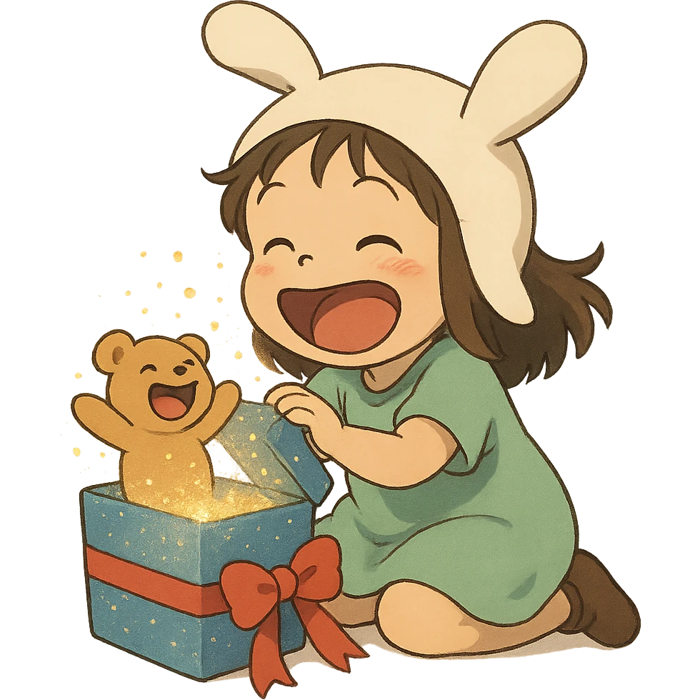 laughing chibi cute girl with a bunny hat unwrapping a magical glitter gift box with a small laughing teddy bear inside the gift box, full body, clean and polished, no imperfections, soft Ghibli style emoji