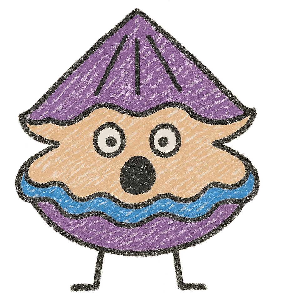 Cute oyster with a shocked expression (open mouth, round eyes) in children doodle style, transparent background. emoji