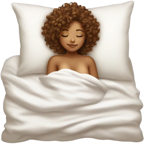 Carmel  skin Curly hair girl sleeping on white pillow in bed with white sheets cuddled up emoji
