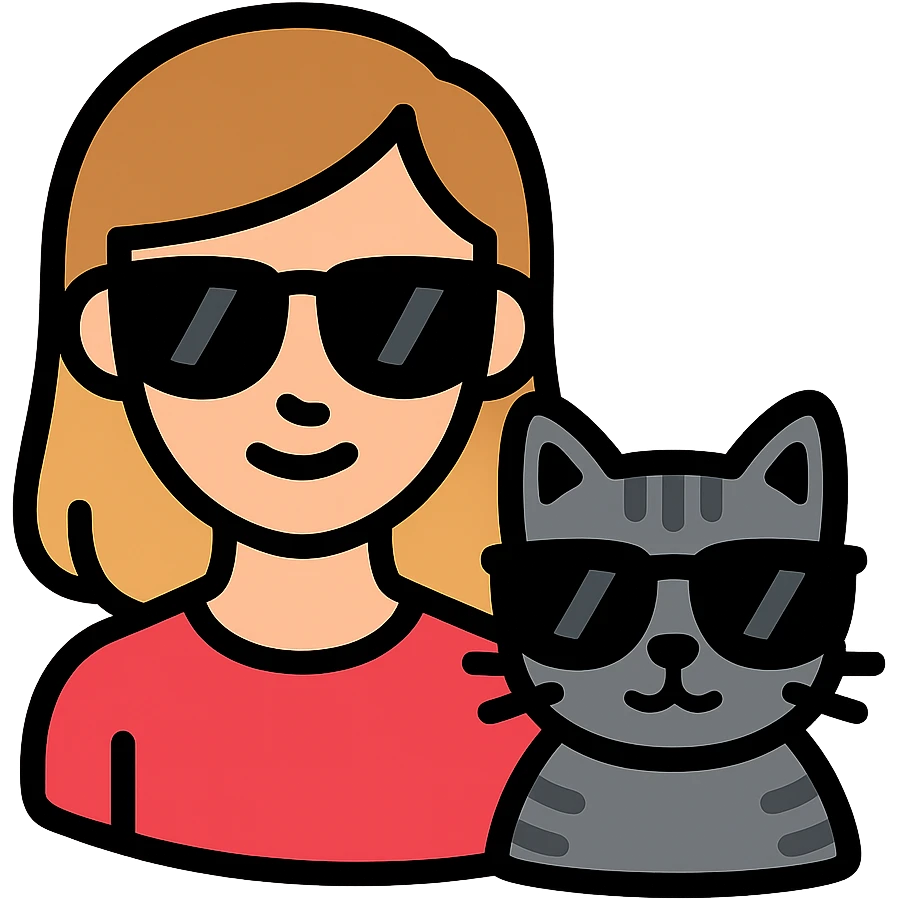 a white woman with light brown ombre hair and a grey tabby cat, both wearing black sunglasses and looking cool, in a modern flat icon style emoji