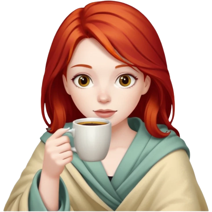 Girl with red hair inside a blanket sipping coffee emoji
