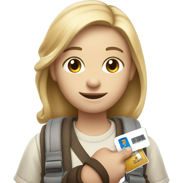 White skin tone student emoji holding student card, other hand holding backpack emoji