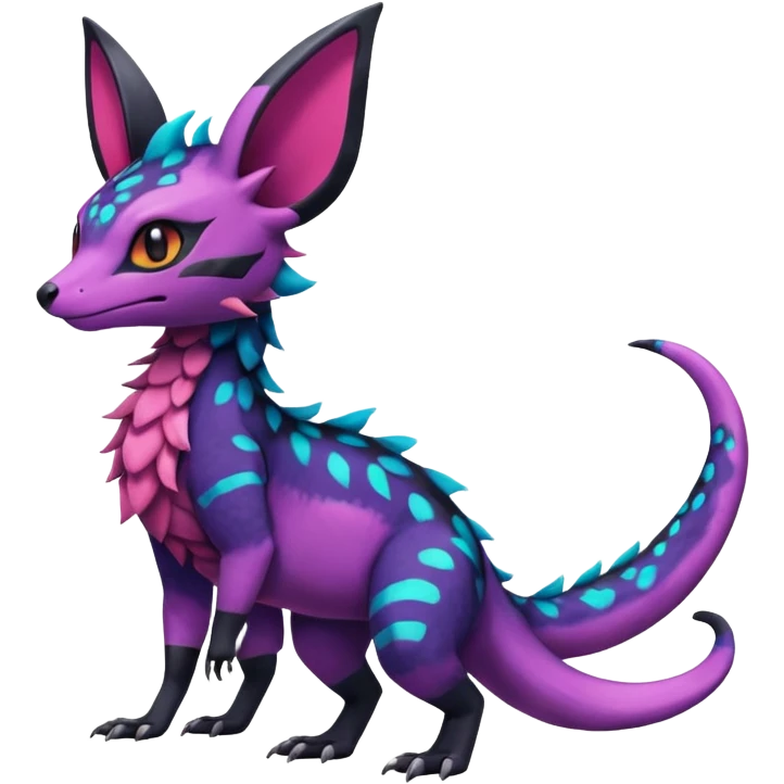 Rare epic aesthetic colorful Salandit-Noibat-Eevee-Genet-species-Fakemon-hybrid-creature, with markings, full body emoji