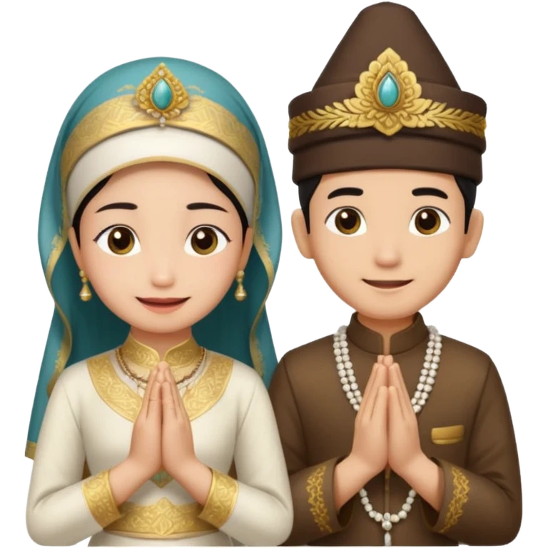javanese person with shy smile (male) with blangkon hat and prayer hand, and also a javanese bride with sanggul and a shy smile emoji
