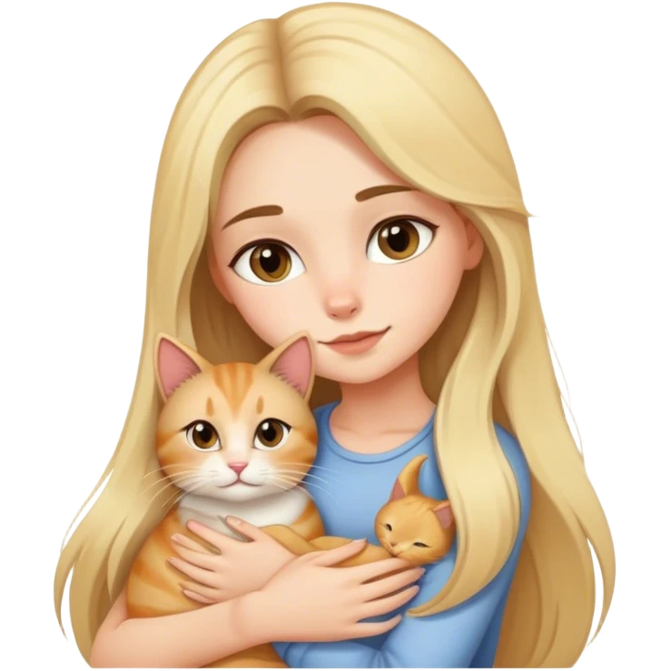 a pretty girl with long brunette hair was cuddling an blonde cat. emoji