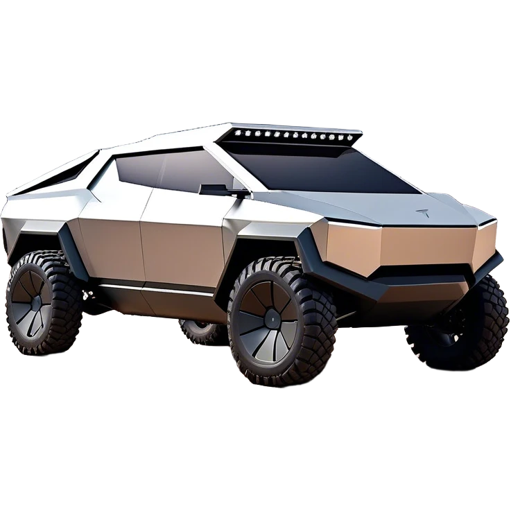 Tesla Cybertruck - A futuristic Tesla Cybertruck, angular and geometric with a sharp, triangular body shape. Stainless steel exoskeleton with a raw, unpainted, brushed-metal finish. A sleek, narrow LED light bar stretches across the entire front. Large, rugged off-road tires with exposed wheel arches. Smooth, handle-free doors and a slanted, armored rear with a retractable tonneau cover. Rear LED strip mirroring the front. The vehicle looks like a sci-fi-inspired, bulletproof stealth tank on wheels, set in a high-tech urban environment at sunset, with reflections on its metallic surface. emoji