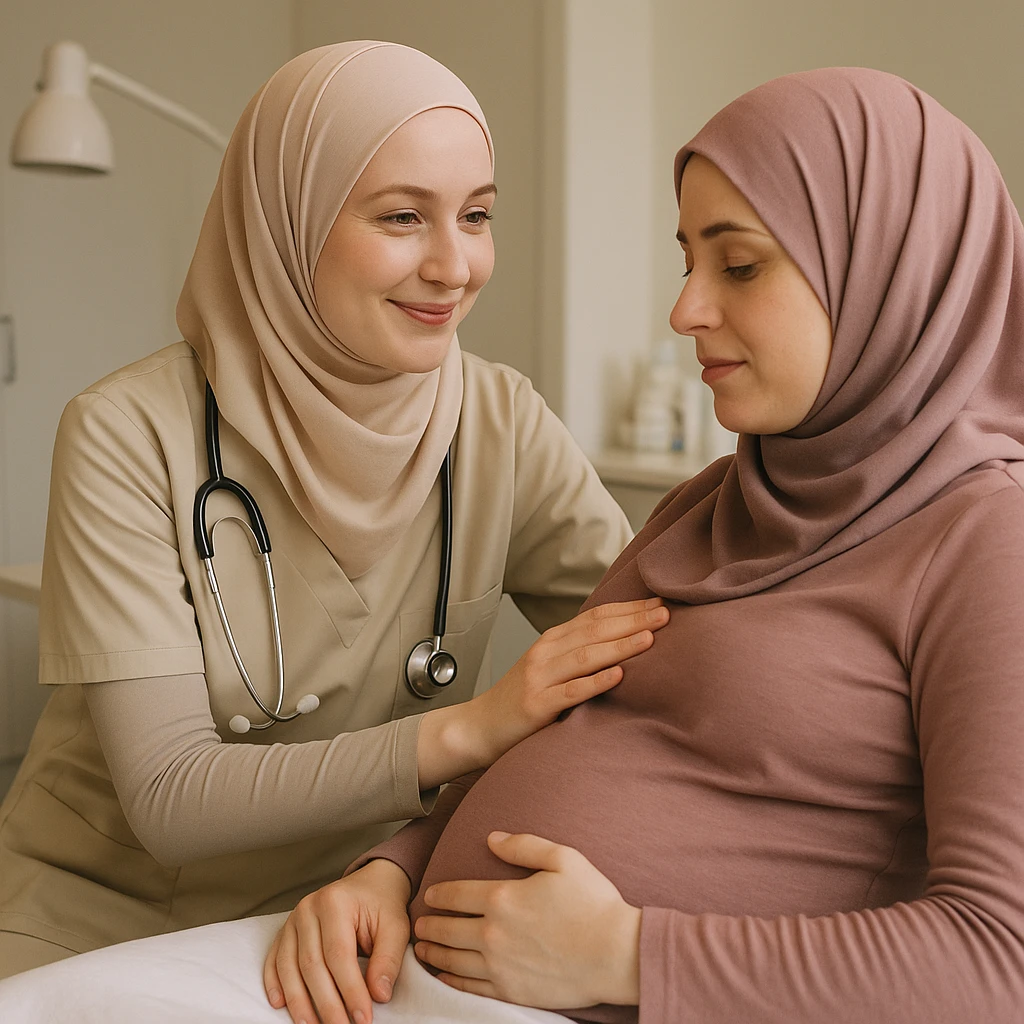 a hijabi midwife with pale skin, hijab in pastel color, comforting a patient, warm and professional emoji