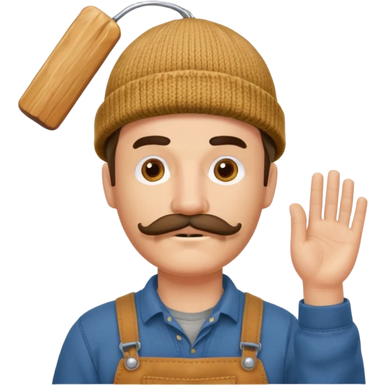 Woodworker mustache knit cap Carharttk shirt hand raised above head emoji