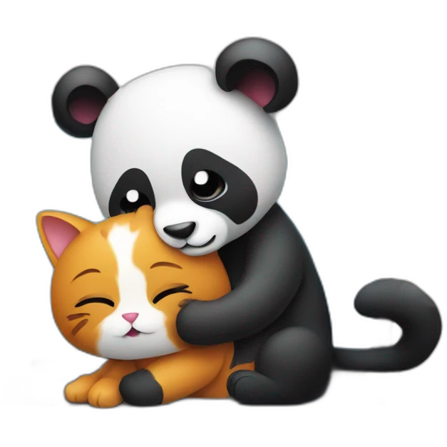 a cat hugs a panda near a laptop emoji
