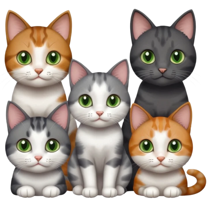 6 different coloured small cats including a dark grey and white, and a patchy calico, and a brown tabby and white,  and a completely solid dark grey with green eyes and only white paws emoji