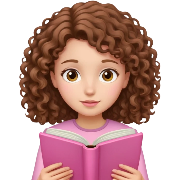 girly character with brown soft curly hair reading a pink book emoji
