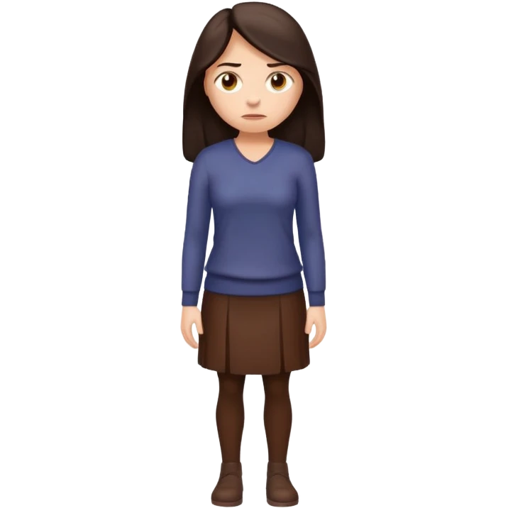 =Cartoon emoji of a woman with long, loose dark hair, wearing chocolate-colored clothes. Full-height, standing, nervous, unsure, worried expression. Slightly hunched, anxious posture. Smooth, simple, stylized emoji