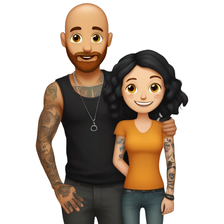 Indian Beard guy with bald head and tattoos only on left hand hugging a ginger hair Croatian girl with septum ring and tattoos on right hand  emoji