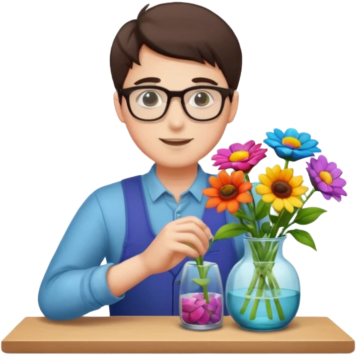 Young male florist – wearing glasses, arranging flowers in a vase. emoji