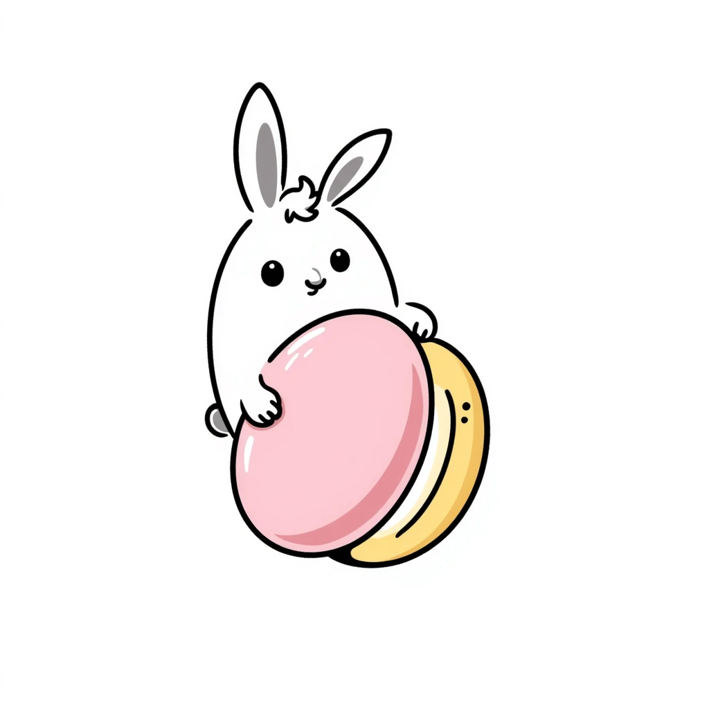 chibi bunny holding a giant macaron, soft pink background, pastel dessert theme, adorable illustration emoji