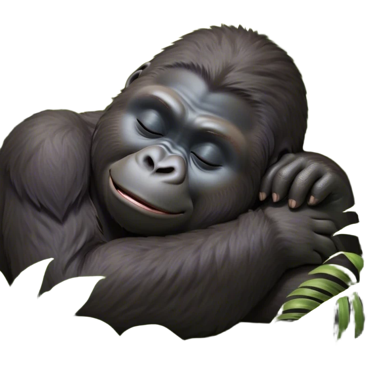 Meme-Worthy cute Sleeping Gorilla Portrait Emoji, Head resting peacefully with a contented smile, showcasing a luxuriant, thick Fur and eyes gently closed in serene slumber, Simplified yet hilariously adorable features, highly detailed, glowing with a soft, drowsy jungle light, high shine, relaxed and utterly lovable, stylized with an air of playful laziness, bright and heartwarming, soft glowing outline, capturing the essence of a sleeping gorilla that feels destined to become the next viral sensation of adorable rest! emoji