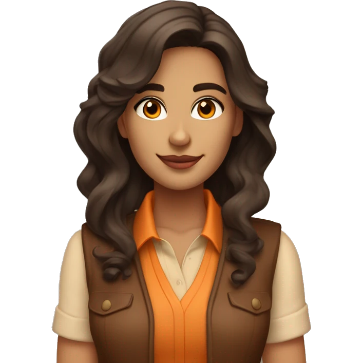 a charming tanned woman wavy chocolate hair, caramel eyes, beige shirt, orange vest emoji