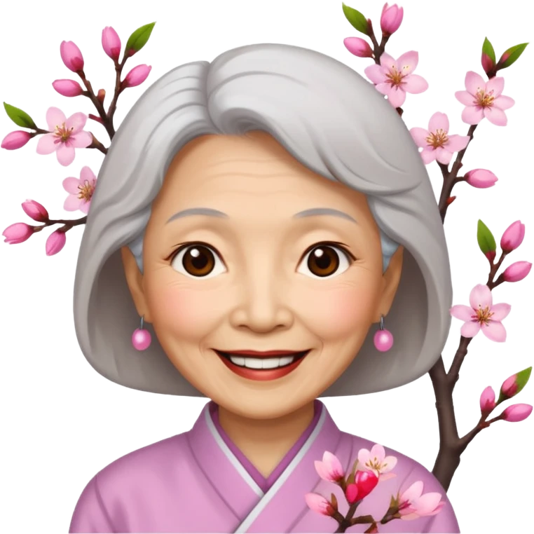 elderly asian woman with cherry blossom emoji