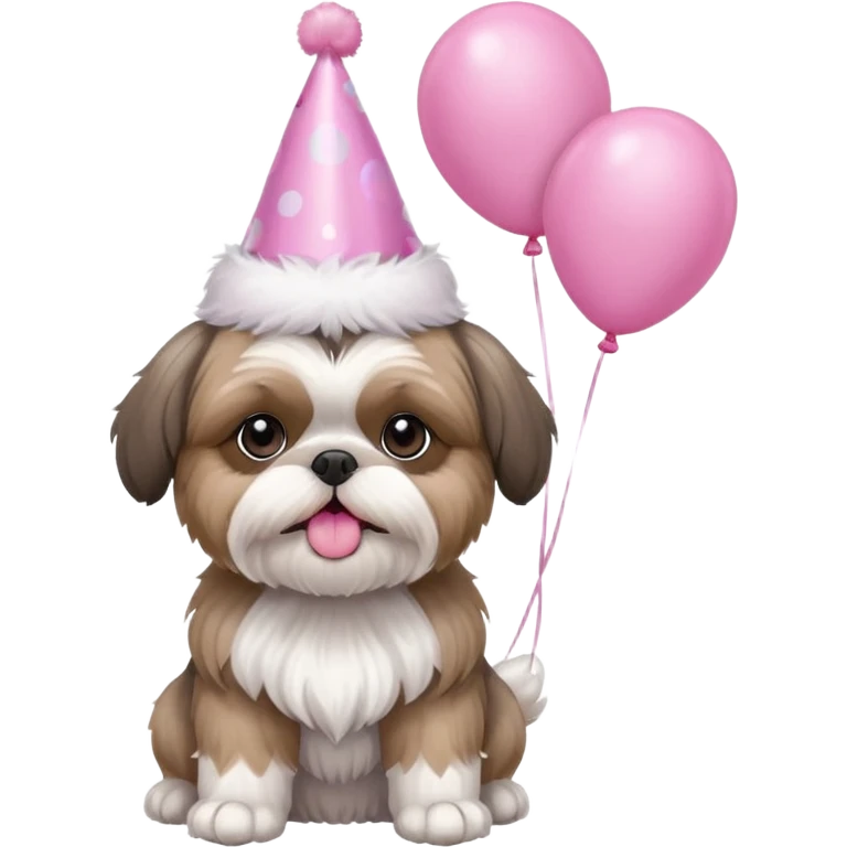 cute shih tzu hold a few pink balloons  with pink birthday hat emoji