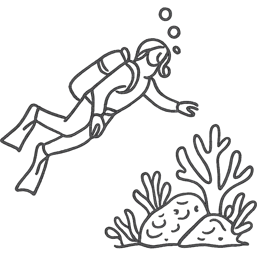 a diver exploring a coral reef, hand-drawn sketch style emoji