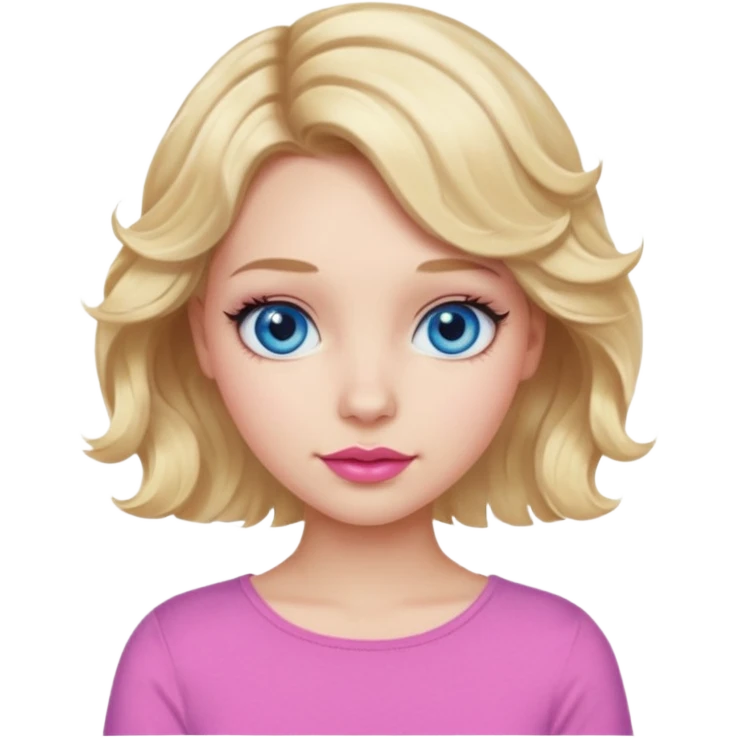 Girl Blonde short wavy hair,  blue eyes, cute blue top, long lashes, pink lips,  emoji