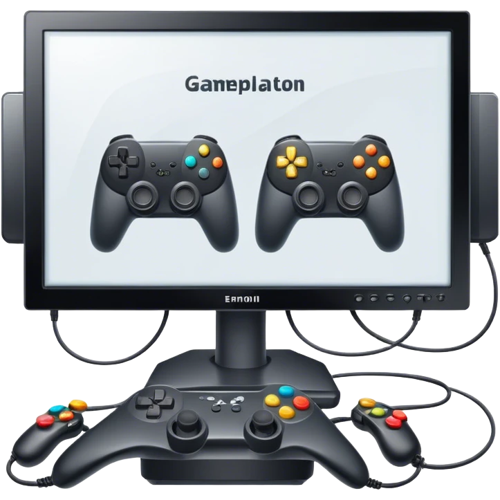 An icon showing two monitors with gaming interfaces, connected by a wire. Each monitor displays a different game screen, with two gamepads placed nearby, symbolizing multiplayer gameplay. transparent background. emoji
