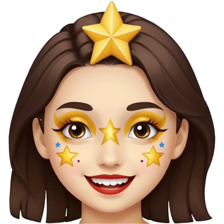 A girl with star-shaped face paint on her cheeks, cheering with bright eyes. emoji