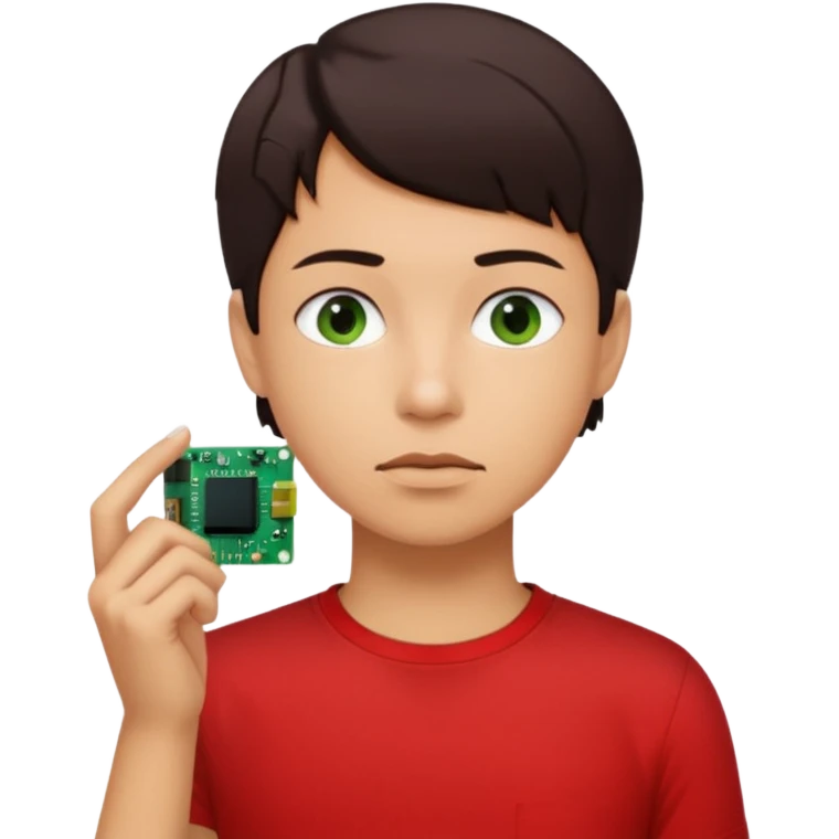 A young person wearing a red T-shirt indoors, short dark hair, holding a small green electronic circuit board near the mouth in a thoughtful pose. Warm natural lighting, window with blinds in the background, casual tech-inspired vibe. emoji